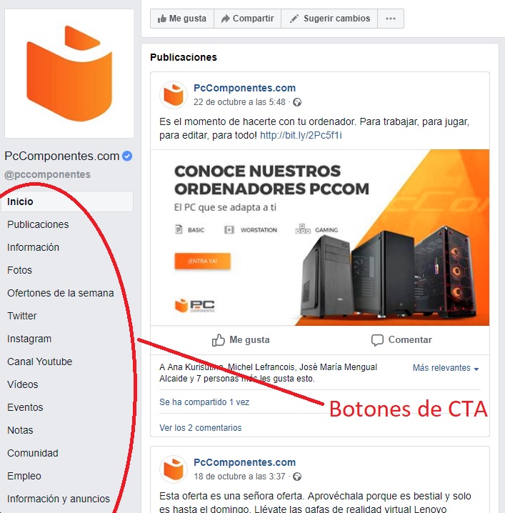 Ejemplo donde encontrar botones CTA Facebook