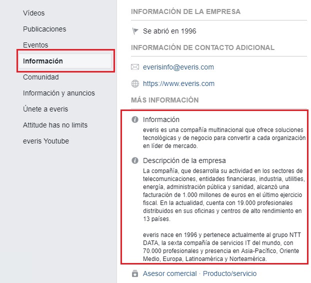 Ejemplo de la sección de información de una página de Facebook